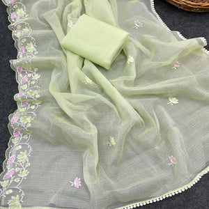 Green Handwoven Kota Doria Saree Featuring Rich Gota Work for a Festive Look