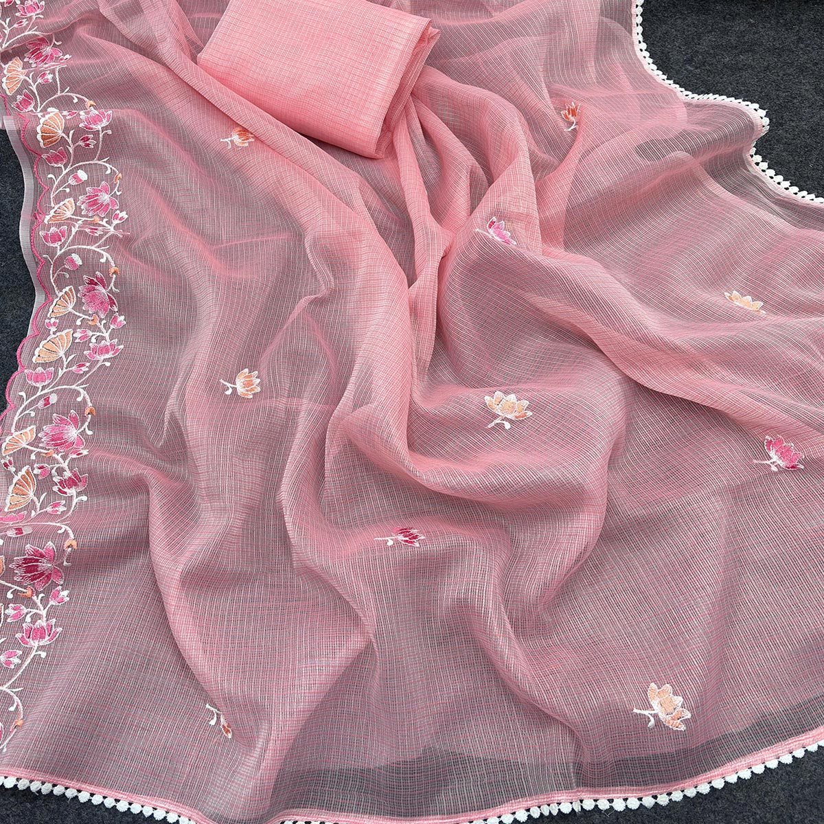 Pink Handwoven Kota Doria Saree Featuring Rich Gota Work for a Festive Look