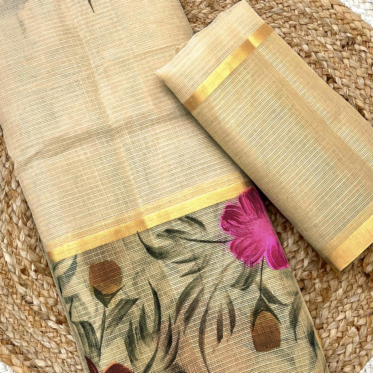 Beige Floral Brush-Painted Kota Doria Saree with Elegant Artistic Detailing