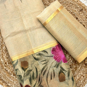 Beige Floral Brush-Painted Kota Doria Saree with Elegant Artistic Detailing