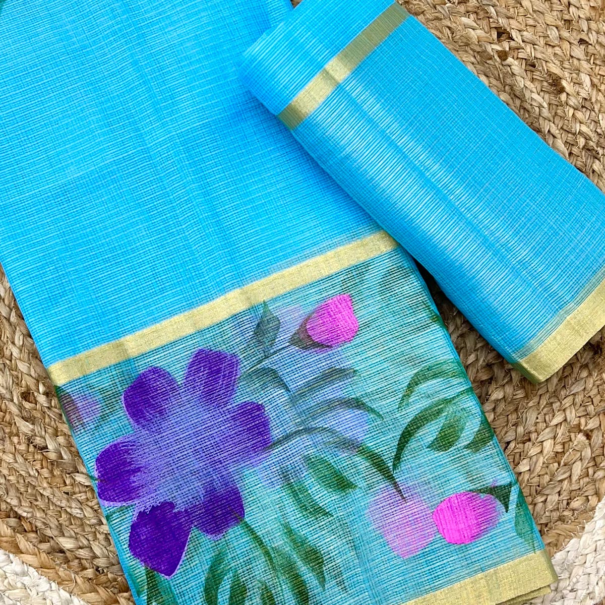 Blue Floral Brush-Painted Kota Doria Saree with Elegant Artistic Detailing