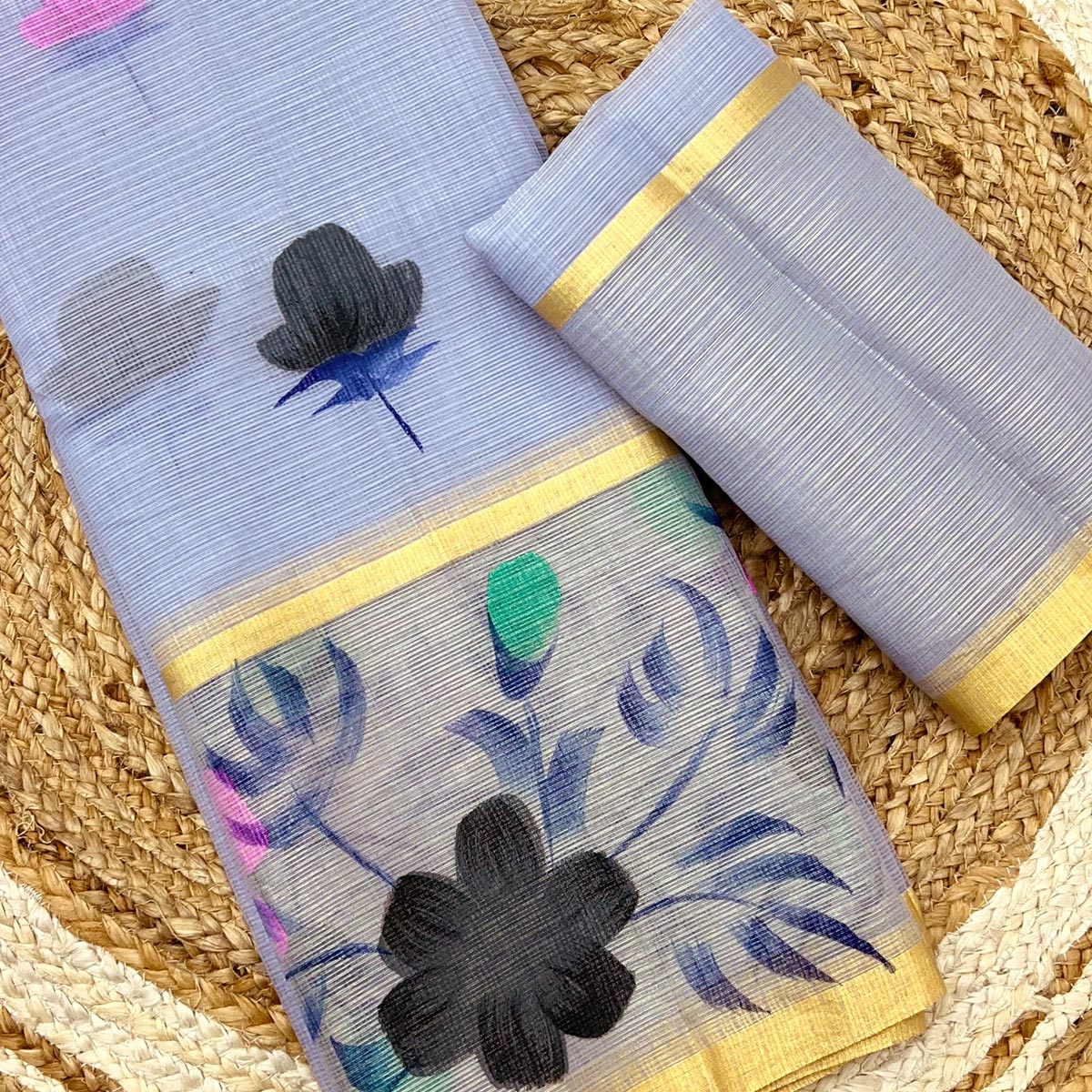 Bluish Grey Floral Brush-Painted Kota Doria Saree with Elegant Artistic Detailing