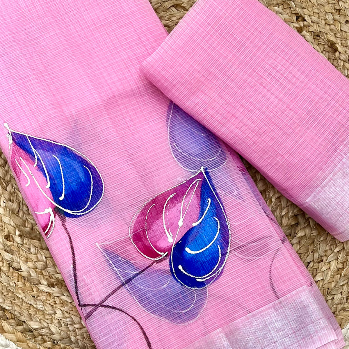 Pink Floral Brush-Work Kota Doria Saree with a Soft and Breezy Texture