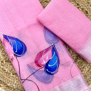 Pink Floral Brush-Work Kota Doria Saree with a Soft and Breezy Texture