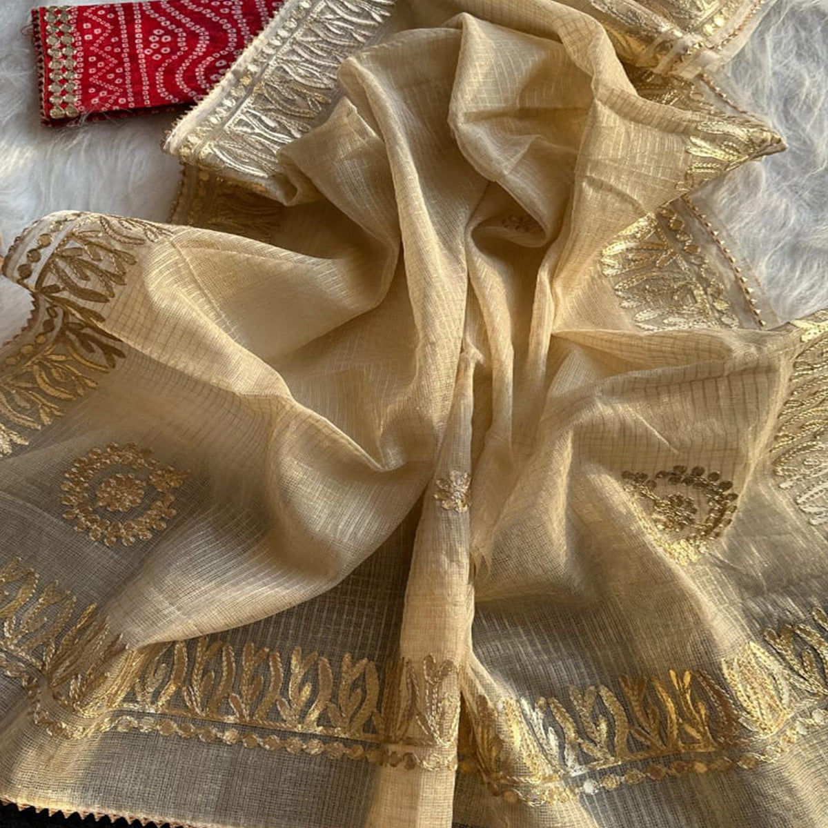 Beige Festive Kota Doria Saree Decorated with Classic Gota Work Embroidery