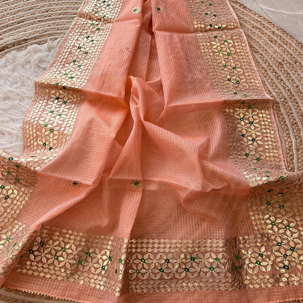 Peach Ethnic Kota Doria Saree Designed with Beautiful Traditional Gota Embroidery