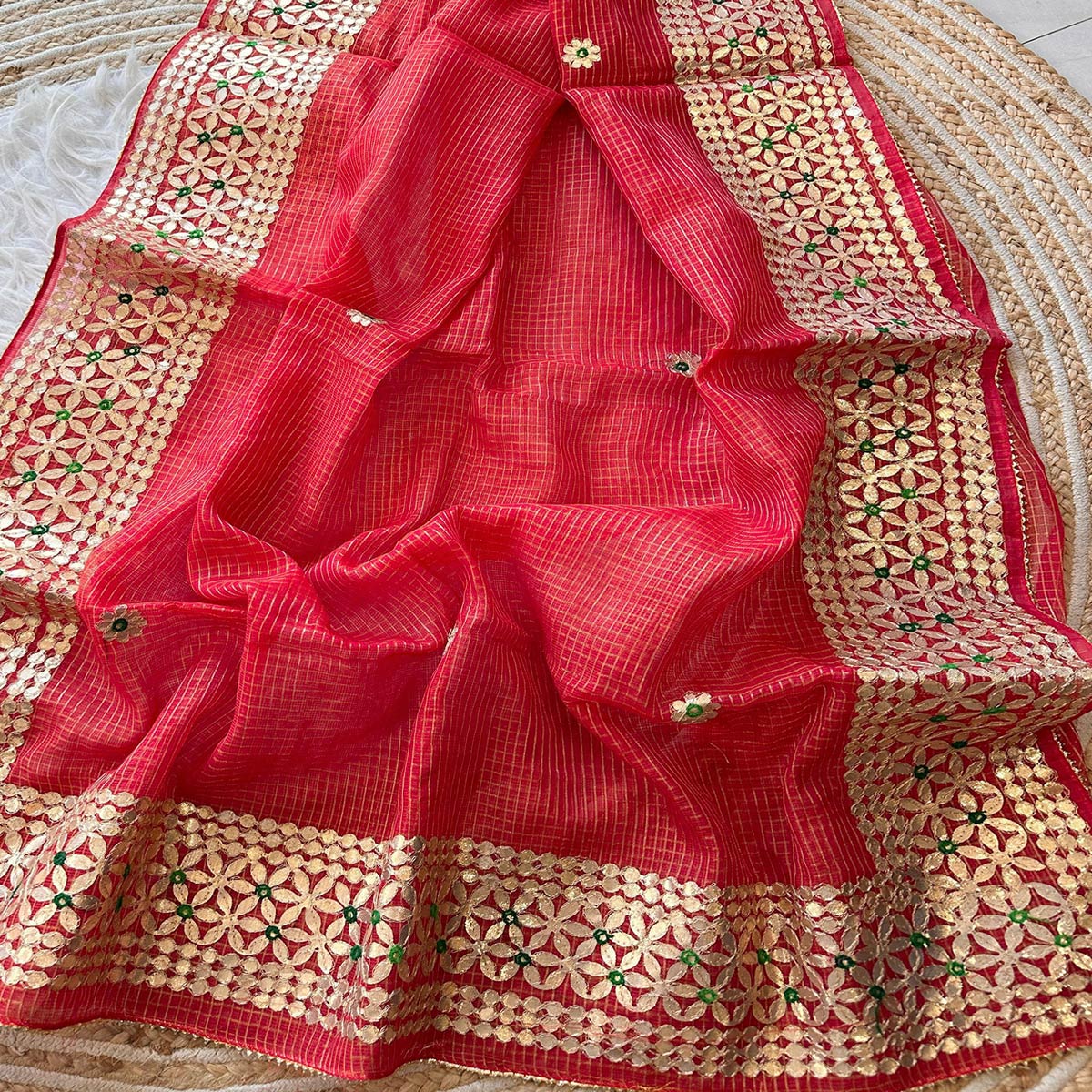 Red Ethnic Kota Doria Saree Designed with Beautiful Traditional Gota Embroidery