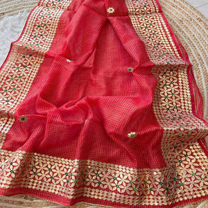 Red Ethnic Kota Doria Saree Designed with Beautiful Traditional Gota Embroidery