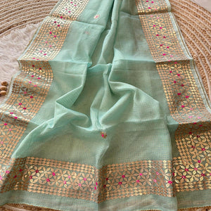 Sea Green Ethnic Kota Doria Saree Designed with Beautiful Traditional Gota Embroidery