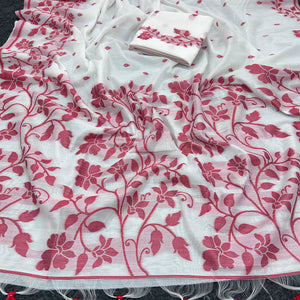 White and Red Floral Weaving Muga Cotton Silk Saree Crafted with Elegant Detailing and Classic Appeal