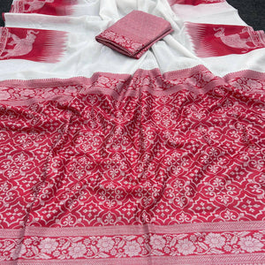 White and Red Traditional Weaving Muga Cotton Silk Saree Designed with Classic Craftsmanship