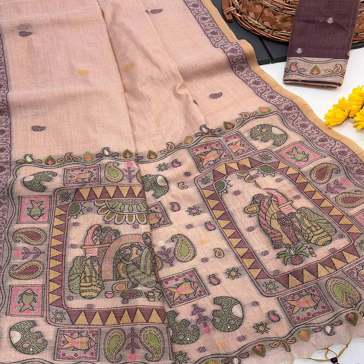 Peach Woven Muga Cotton Silk Saree In Kalamkari Motifs On Pallu