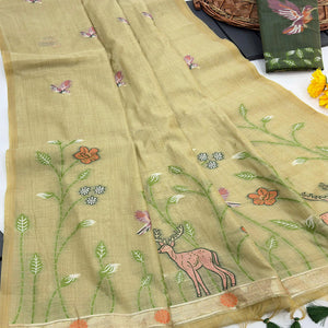 Green Floral Handloom Muga Cotton Silk Saree with Artisanal Weave