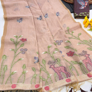 Peach Floral Handloom Muga Cotton Silk Saree with Artisanal Weave