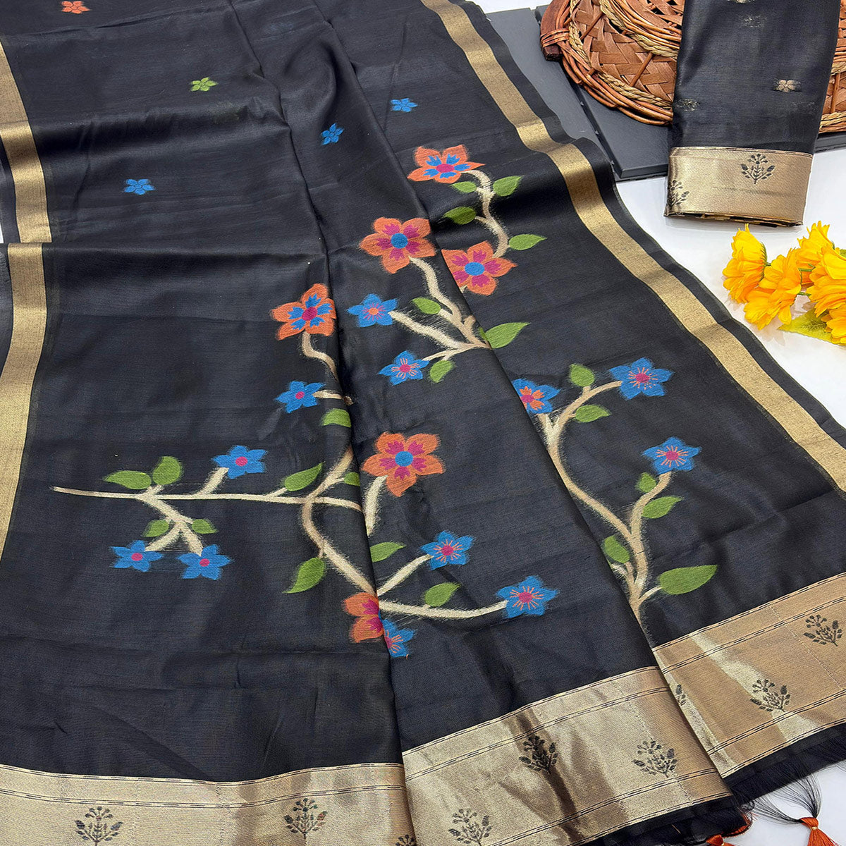 Black Floral Handloom Muga Cotton Silk Saree with Traditional Charm