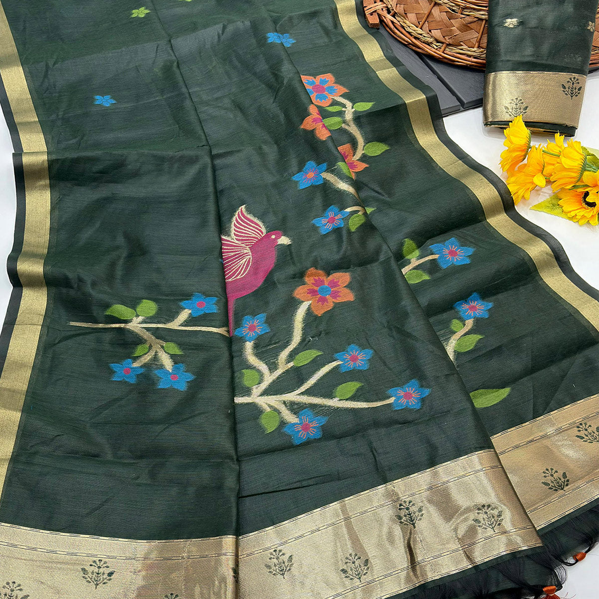 Green Floral Handloom Muga Cotton Silk Saree with Traditional Charm