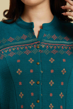 Teal Floral Woolen Top Bottom Set