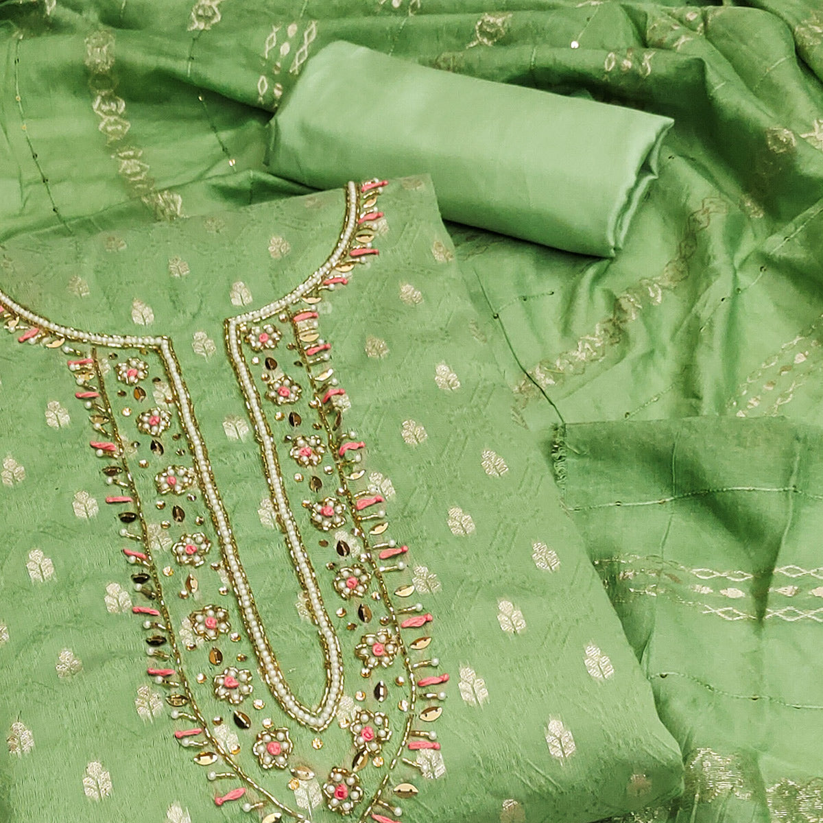 Green Woven With Handwork Jacquard Dress Material