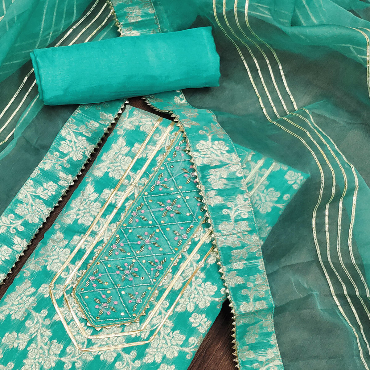 Turquoise Woven With Handwork Jacquard Dress Material