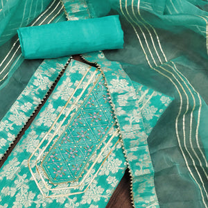 Turquoise Woven With Handwork Jacquard Dress Material