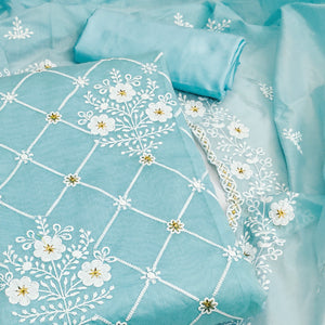 Blue Floral Embroidered Chanderi Cotton Dress Material