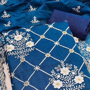 Indigo Blue Floral Embroidered Chanderi Cotton Dress Material