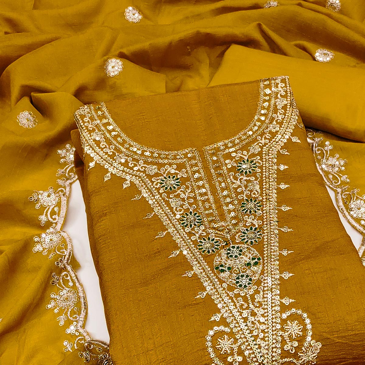 Elegant Mustard Floral Embroidered Dress Material In Vichitra Silk With Sequins Detailing