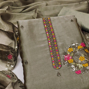 Graceful Green Silk Blend Dress Material Featuring Exquisite Floral Embroidery & Sequins Accents