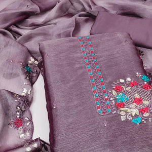 Graceful Lavender Silk Blend Dress Material Featuring Exquisite Floral Embroidery & Sequins Accents