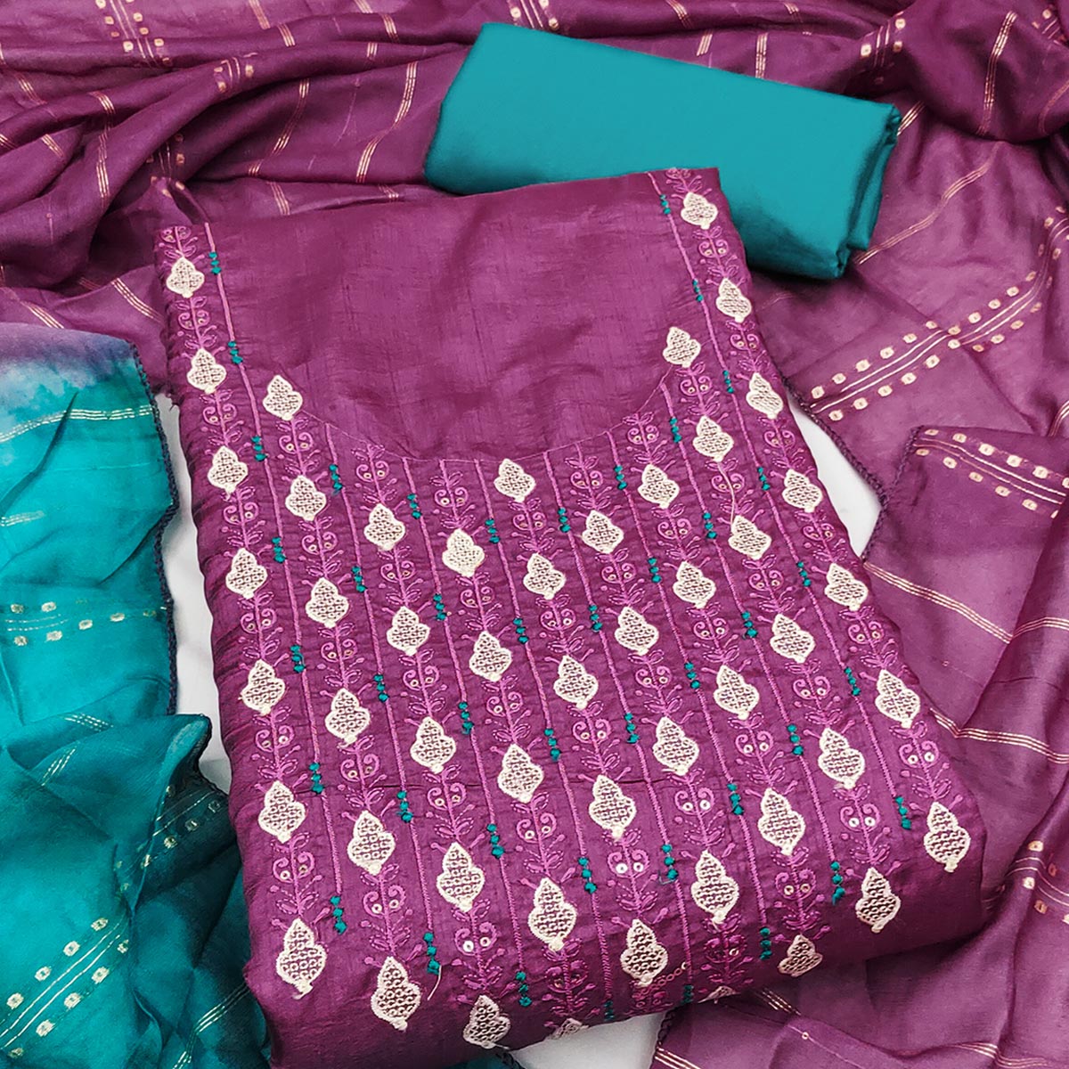 Elegant Dark Magenta Floral Thread & Sequins Embroidered Silk Blend Dress Material