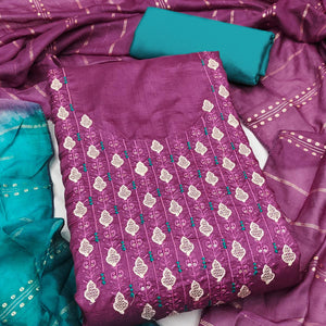 Elegant Dark Magenta Floral Thread & Sequins Embroidered Silk Blend Dress Material