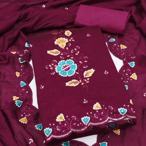 Graceful Wine Vichitra Silk Dress Material Adorned With Floral Thread Embroidery & Sequins Work