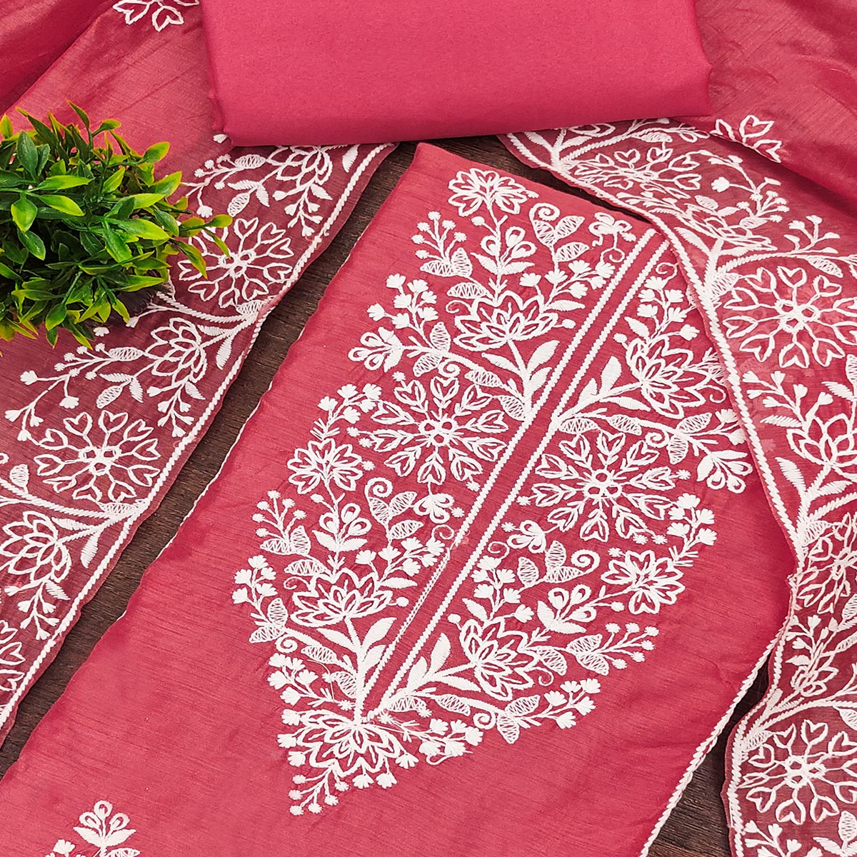 Gajri Pink Cotton Blend Unstitched Suit Material with Soft Floral Embroidery Work