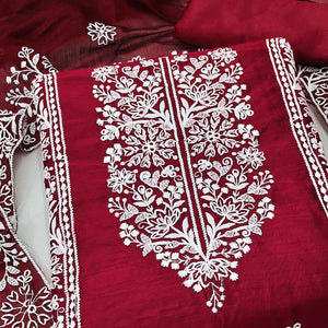 Maroon Cotton Blend Unstitched Suit Material with Soft Floral Embroidery Work