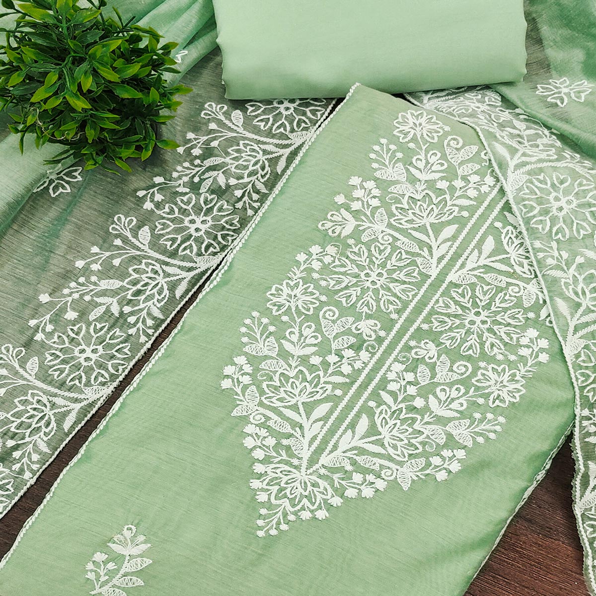 Pista Green Cotton Blend Unstitched Suit Material with Soft Floral Embroidery Work