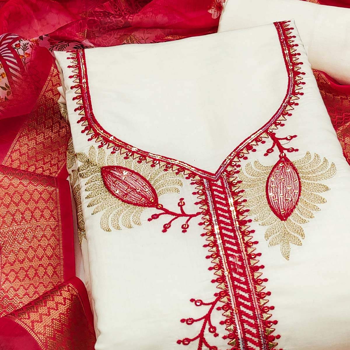 Elegant Cream & Red Floral Embroidered Roman Cotton Silk Dress Material With Subtle Sequins Work