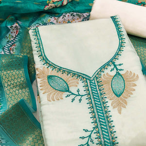 Elegant Cream & Turquoise Floral Embroidered Roman Cotton Silk Dress Material With Sequins Work