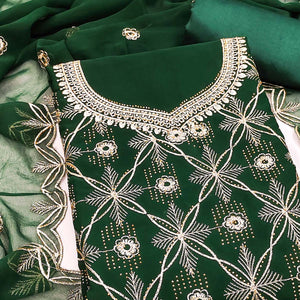 Premium Green Floral Embroidered Georgette Dress Material Accentuated With Swarovski Detailing