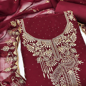 Ethnic Maroon Floral Embroidered Georgette Dress Material With Shimmering Swarovski Accents