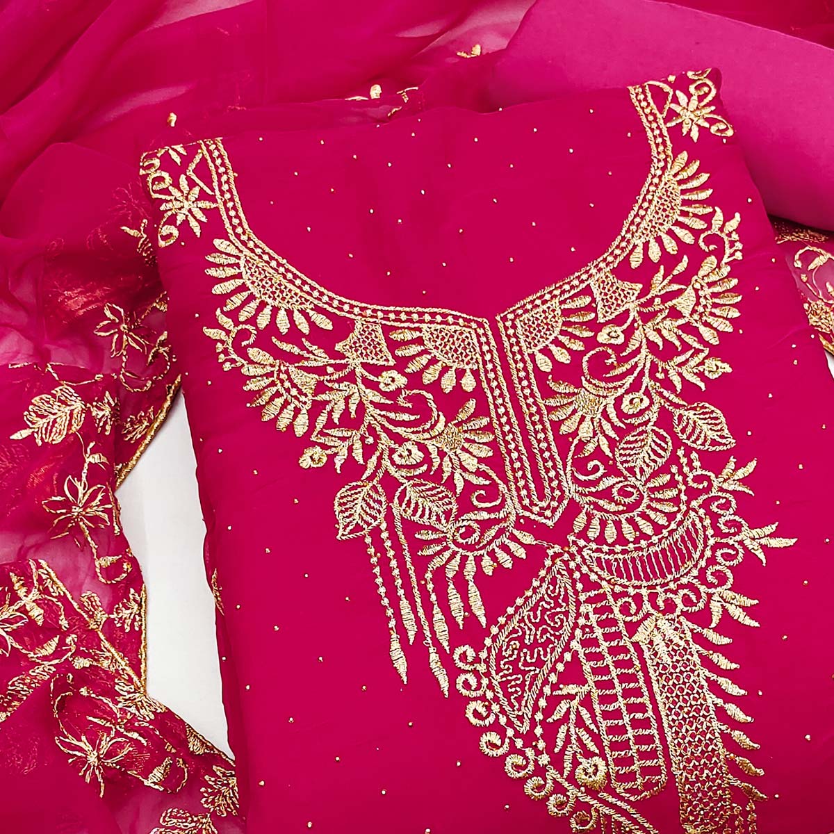 Ethnic Pink Floral Embroidered Georgette Dress Material With Shimmering Swarovski Accents