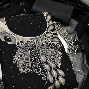 Sophisticated Black Floral Embroidered Georgette Dress Material Enhanced With Fine Swarovski Work