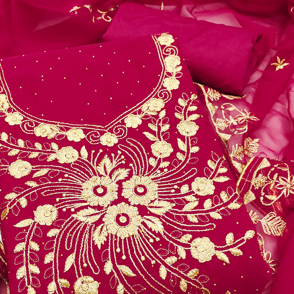 Classic Pink Floral Embroidery Georgette Dress Material With Subtle Swarovski Embellishments