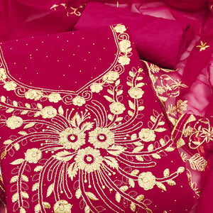 Classic Pink Floral Embroidery Georgette Dress Material With Subtle Swarovski Embellishments