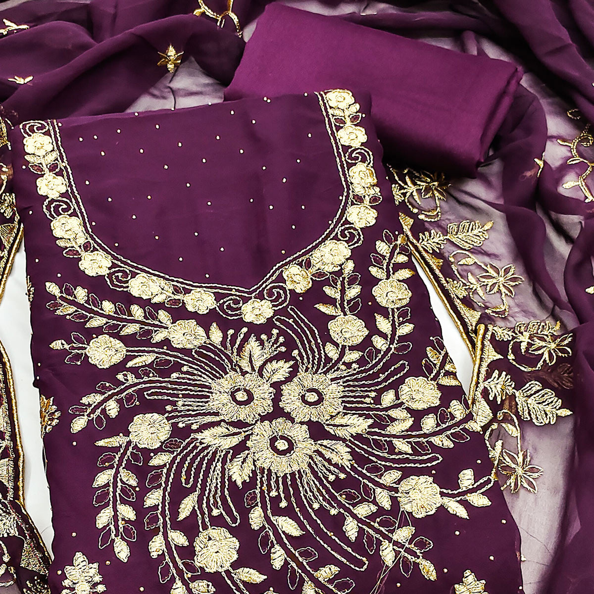 Classic Purple Floral Embroidery Georgette Dress Material With Subtle Swarovski Embellishments