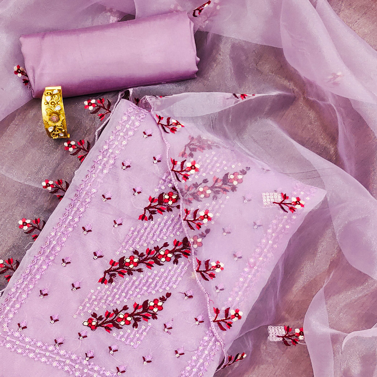 Light Lavendar Floral Sequins Embroidered Organza Dress Material