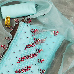 Sky Blue Floral Sequins Embroidered Organza Dress Material