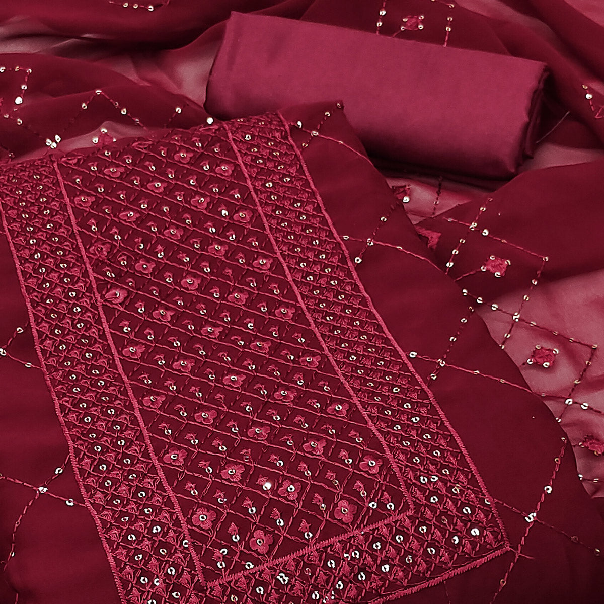 Maroon Georgette Dress Material Featuring Delicate Thread Embroidery & Sequin Accent