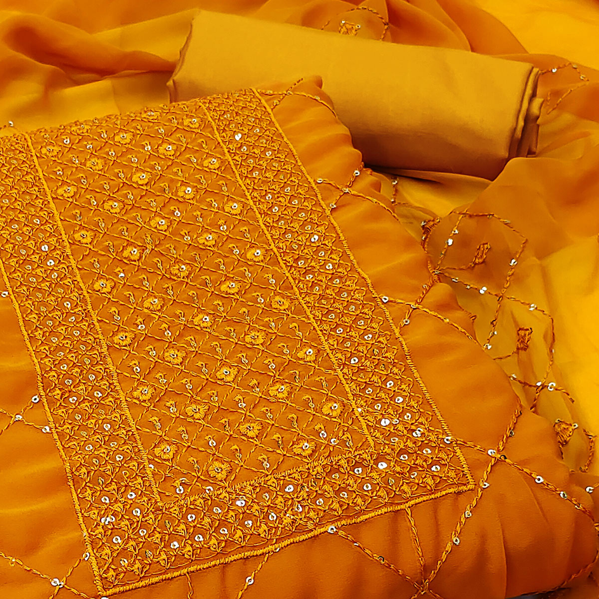 Mustard Georgette Dress Material Featuring Delicate Thread Embroidery & Sequin Accent
