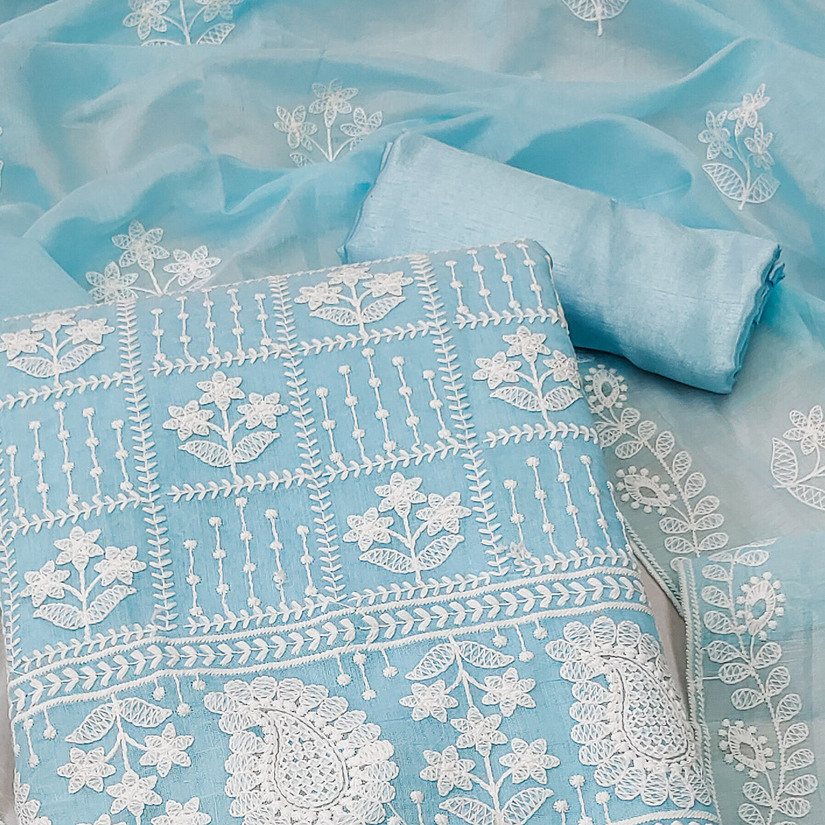 Blue Floral Embroidered Chanderi Cotton Dress Material