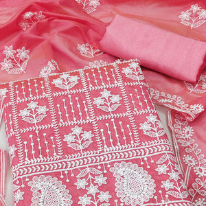 Gajari Pink Floral Embroidered Chanderi Cotton Dress Material